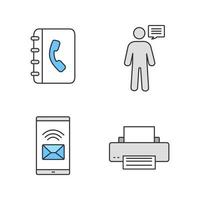 Information center color icons set. Telephone book, announcement, incoming message, printer. Isolated vector illustrations