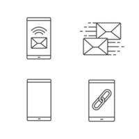 Smartphone apps linear icons set. Incoming message, mailing, mobile phone, link sharing. Thin line contour symbols. Isolated vector outline illustrations