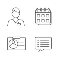 Information center linear icons set. Thin line contour symbols. Calendar, speech bubble, call center operator, ID card. Isolated vector outline illustrations