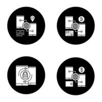 Smartphone glyph icons set. Bitcoin and dollar digital wallets, GPS navigation, security synchronisation. Vector white silhouettes illustrations in black circles