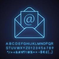 E-mail address neon light icon. Envelope with arroba sign. Glowing sign with alphabet, numbers and symbols. Vector isolated illustration