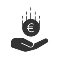 Open hand with euro glyph icon. Silhouette symbol. Saving money. Negative space. Vector isolated illustration