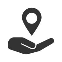 Open hand with map pinpoint glyph icon. Silhouette symbol. GPS navigation. Negative space. Vector isolated illustration