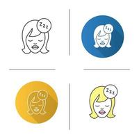 Sleeping woman icon. Flat design, linear and color styles. Woman face with closed eyes and zzz symbol. Night rest. Isolated vector illustrations