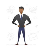 Afro-American businessman flat character design. Business analyst. Foreign politician. Office manager. Dark skinned man standing in confident pose. Vector isolated illustration