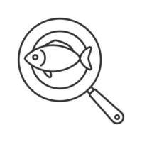 Fish on frying pan linear icon. Thin line illustration. Contour symbol. Vector isolated drawing