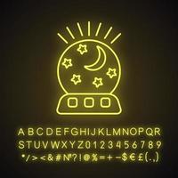 Night light neon light icon. Table lamp with moon and stars. Glowing sign with alphabet, numbers and symbols. Vector isolated illustration