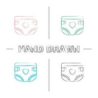 Baby diaper hand drawn icons set. Nappy. Color brush stroke. Isolated vector sketchy illustrations