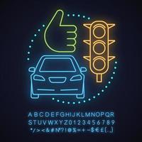 Carpooling service neon light concept icon. Successful ride sharing idea. Driving car. Glowing sign with alphabet, numbers and symbols. Vector isolated illustration