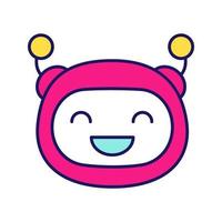Laughing robot emoji color icon. Happy chatbot smiley with broad smile and closed eyes. Chat bot emoticon. Artificial conversational entity. Virtual assistant. Isolated vector illustration