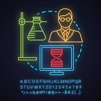Science laboratory neon light concept icon. Microbiology idea. Ring stand with flask, microbiologist, laboratory computer. Glowing sign with alphabet, numbers and symbols. Vector isolated illustration