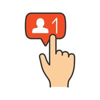 New follower button click color icon. Social media subscriber. New friend. Hand pressing button. Isolated vector illustration