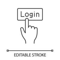 Login button click linear icon. Thin line illustration. Authorization. Hand pressing button. Contour symbol. Vector isolated outline drawing. Editable stroke