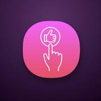 Like button click app icon. Thumbs up. Hand pushing button. UI and UX user interface. Web or mobile applications. Vector isolated illustration