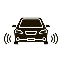 Smart car in front view glyph icon. Self driving automobile. Autonomous car. Driverless vehicle. NFC auto with radar sensors. Silhouette symbol. Negative space. Vector isolated illustration