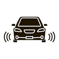 Smart car in front view glyph icon. Self driving automobile. Autonomous car. Driverless vehicle. NFC auto with radar sensors. Silhouette symbol. Negative space. Vector isolated illustration