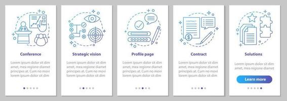 Solutions searching onboarding mobile app page screen with linear concepts. Conference, strategic vision, profile page, contract steps instructions. UX, UI, GUI vector template with illustrations