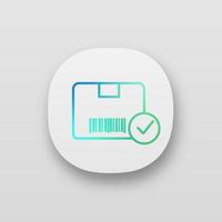 Approved delivery app icon. Successful package receipt. Verification parcel barcode. UI UX interface. Quality delivery service. Cardboard box with barcode and check mark. Vector isolated illustration