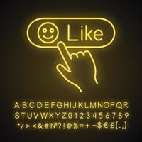 Like button click neon light icon. Glowing sign with alphabet, numbers and symbols. Positive comment. Hand pressing button. Vector isolated illustration