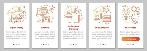 Interactive training onboarding mobile app page screen with linear concepts. Study program, digital library, tutorials, share ideas steps instructions. UX, UI, GUI vector template with illustrations