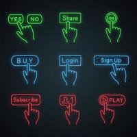 Click buttons neon light icons. Yes or no, share, turn on, buy, login, sign up, subscribe, new friend, play. Glowing signs. Vector isolated illustrations