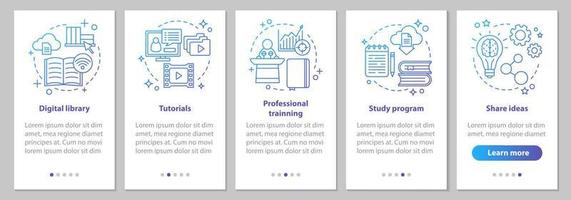 Interactive training onboarding mobile app page screen with linear concepts. Study program, digital library, tutorials, share ideas steps instructions. UX, UI, GUI vector template with illustrations