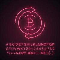 Icono de luz de neón de intercambio de bitcoin. transacción de moneda digital. signo brillante con alfabeto, números y símbolos. flechas circulares con moneda bitcoin. Reembolso de criptomonedas. vector ilustración aislada