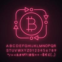 Icono de luz de neón de intercambio de bitcoin. transacción de moneda digital. signo brillante con alfabeto, números y símbolos. flechas circulares con bitcoin dentro. fintech y big data. vector ilustración aislada