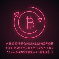 Bitcoin exchange neon light icon. Glowing sign with alphabet, numbers and symbols. Digital currency transaction. Cryptocurrency mining. Bitcoin coin with arrows. Vector isolated illustration