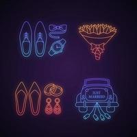 Wedding planning neon light icons set. Men's and women's accessories, flower bouquet, wedding car. Glowing vector isolated illustrations