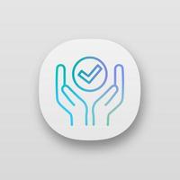 Quality services app icon. Quality assurance. Verification and validation. Meeting requirements. Hands holding check mark. UI UX user interface. Web or mobile application. Vector isolated illustration