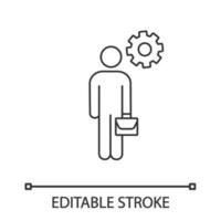 Manager linear icon. Businessman. Thin line illustration. Person with briefcase and cogwheel. Contour symbol. Vector isolated outline drawing. Editable stroke