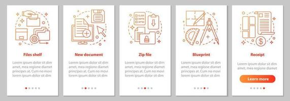 Big data onboarding mobile app page screen with linear concepts. Files storage, new document, zip file, blueprint, receipt steps graphic instructions. UX, UI, GUI vector template with illustrations