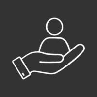 HR management chalk icon. Staff hiring. Employment. Recruitment service. Hand with person. Isolated vector chalkboard illustration