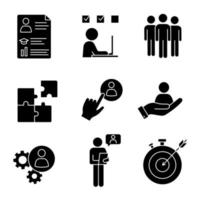 Business management glyph icons set. Resume, task solving, team, solution, staff hiring button, smart goal, online interview, teamwork, person in hand. Silhouette symbols. Vector isolated illustration