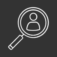 Staff searching chalk icon. Personnel hiring. Recruitment. Employment. Magnifying glass with person inside. Isolated vector chalkboard illustration