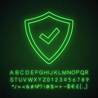 Security approved neon light icon. Defense, protection. Insurance. Antivirus program. Glowing sign with alphabet, numbers. Successfully tested. Shield with checkmark. Vector isolated illustration