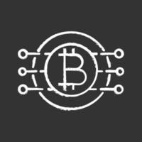 Bitcoin chalk icon. Virtual currency. Online banking. Bitcoin payment. Contour symbol. Microchip pathways with coin inside. Isolated vector chalkboard illustration