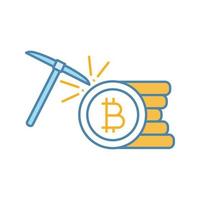 Cryptocurrency mining service color icon. Bitcoin crypto mining. Cryptocurrency business. Bitcoin coins stack with pickaxe. Isolated vector illustration