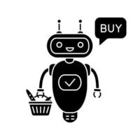 Online customer service chatbot glyph icon. Silhouette symbol. Talkbot with grocery basket says buy. Modern robot. Virtual shopping assistant. Negative space. Vector isolated illustration