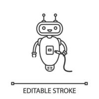 Chatbot with usb cable linear icon. Thin line illustration. Talkbot with USB slot plugs to cable. Modern robot. Online helper. Contour symbol. Vector isolated outline drawing. Editable stroke