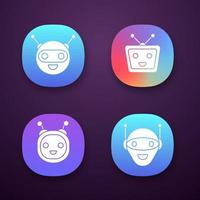 Chatbots app icons set. UI UX user interface. Talkbots. Laughing virtual assistants. Conversational agents. Modern robots. Web or mobile applications. Vector isolated illustrations