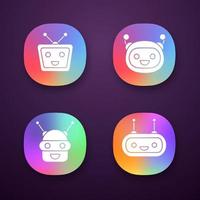 Chatbots app icons set. UI UX user interface. Talkbots. Laughing virtual assistants. Conversational agents. Modern robots. Web or mobile applications. Vector isolated illustrations