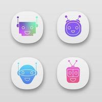 Chatbots app icons set. UI UX user interface. Talkbots. Laughing virtual assistants. Conversational agents. Modern robots. Web or mobile applications. Vector isolated illustrations