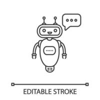 Chatbot typing answer linear icon. Thin line illustration. Talkbot with three dots in speech bubble. Modern robot. Virtual assistant. Contour symbol. Vector isolated outline drawing. Editable stroke