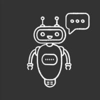 Chatbot typing answer chalk icon. Talkbot with three dots in speech bubble. Modern robot. Processing request virtual assistant. Isolated vector chalkboard illustration