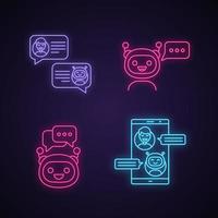 Chatbots neon light icons set. Virtual assistants. Messenger and chat bots. Modern robots. Smartphone chatterbots. Glowing signs. Vector isolated illustrations