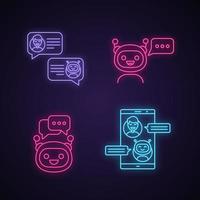 Chatbots neon light icons set. Virtual assistants. Messenger and chat bots. Modern robots. Smartphone chatterbots. Glowing signs. Vector isolated illustrations