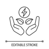 Clean energy linear icon. Thin line illustration. Eco power. Renewable resources. Green energy. Lightning bolt and leaves in hands. Contour symbol. Vector isolated outline drawing. Editable stroke