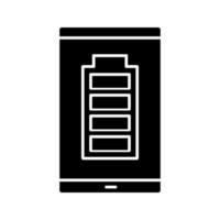 Fully charged smartphone battery glyph icon. Mobile phone charge completed. Battery level indicator. Silhouette symbol. Negative space. Vector isolated illustration